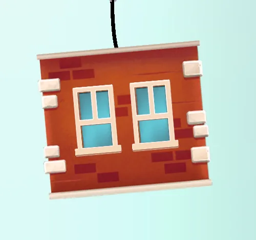 Bloco de tijolo com duas janelas a descer preso a uma grua, no jogo-demo Megablock