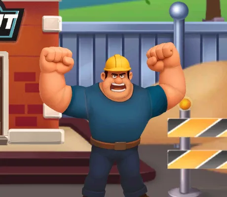 Construtor de capacete amarelo a festejar de punhos no ar, junto ao estaleiro do jogo Megablock